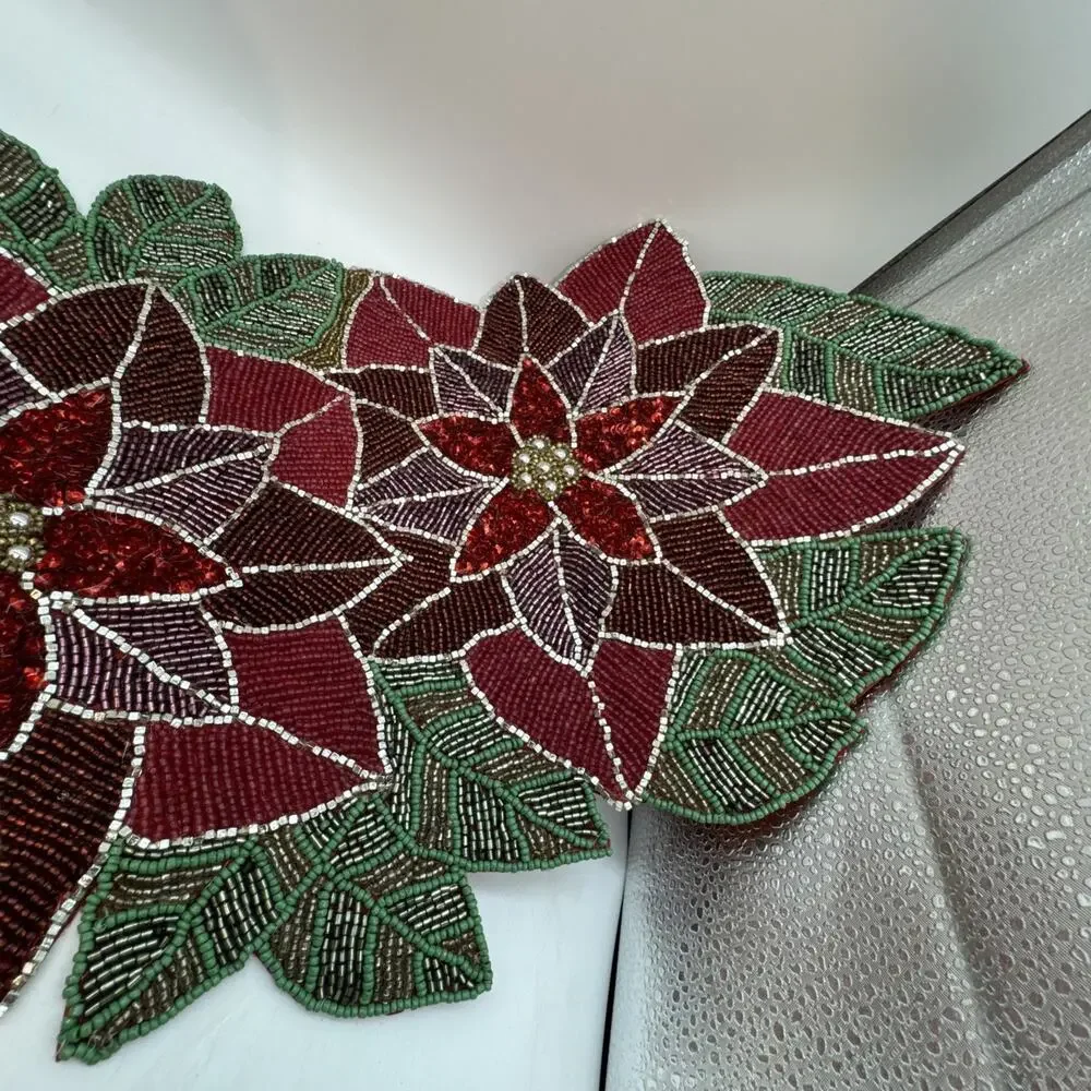 Holiday Theme Beaded Multicolor Table Runner Polyester Back 13